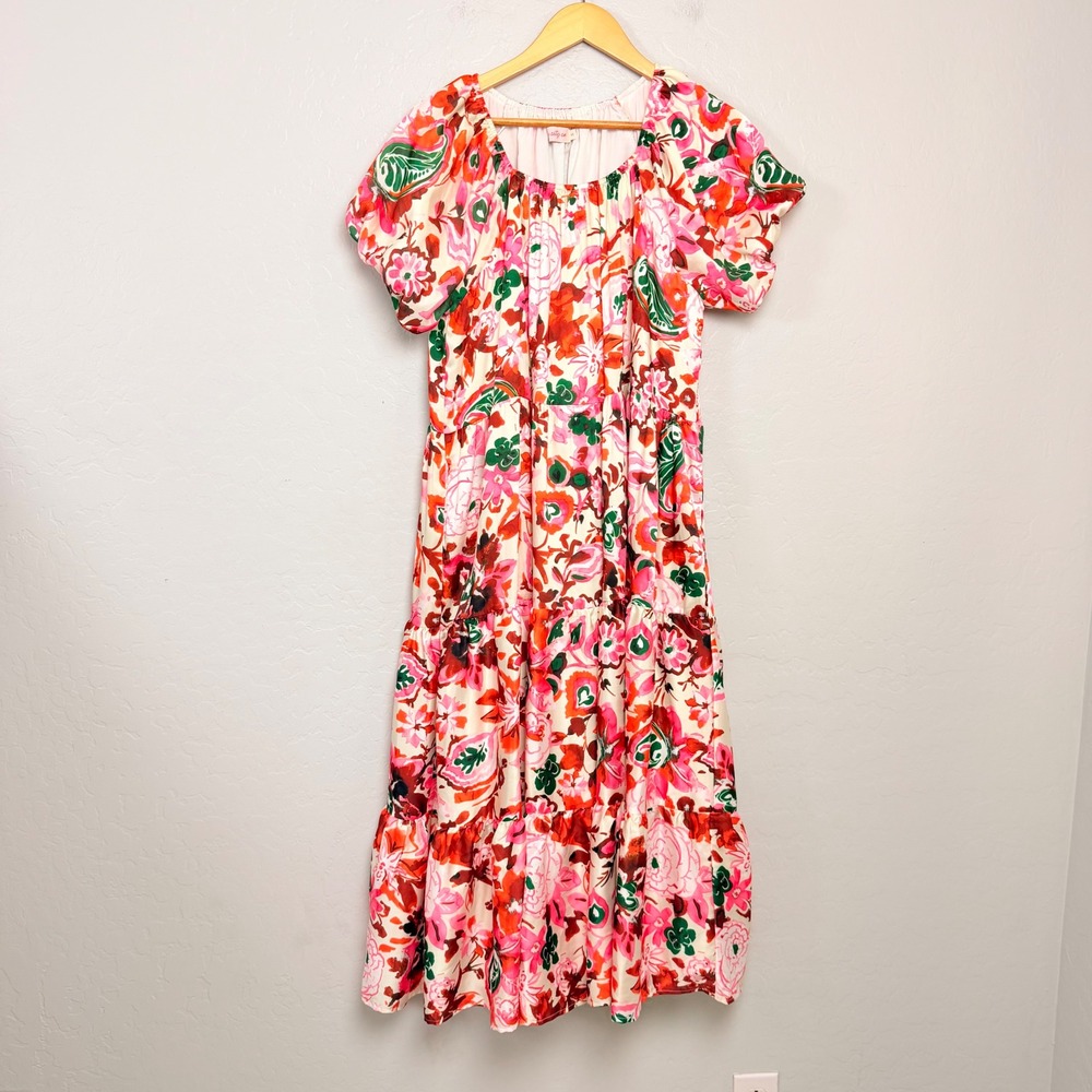 Ivy City Co Harvey Dress Pink Orange Floral Tiered Midi Short Puff Sleeve Small